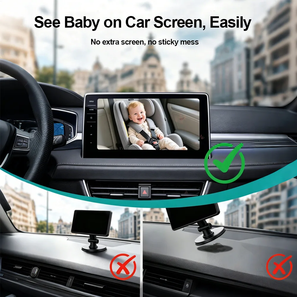 Telecamera per Auto Cabin Care Baby con Adattatore Wireless Carplay 1080P 150 ° Monitor per sedile posteriore con visione notturna ad angolo ampio, facile da installare - immagine 5
