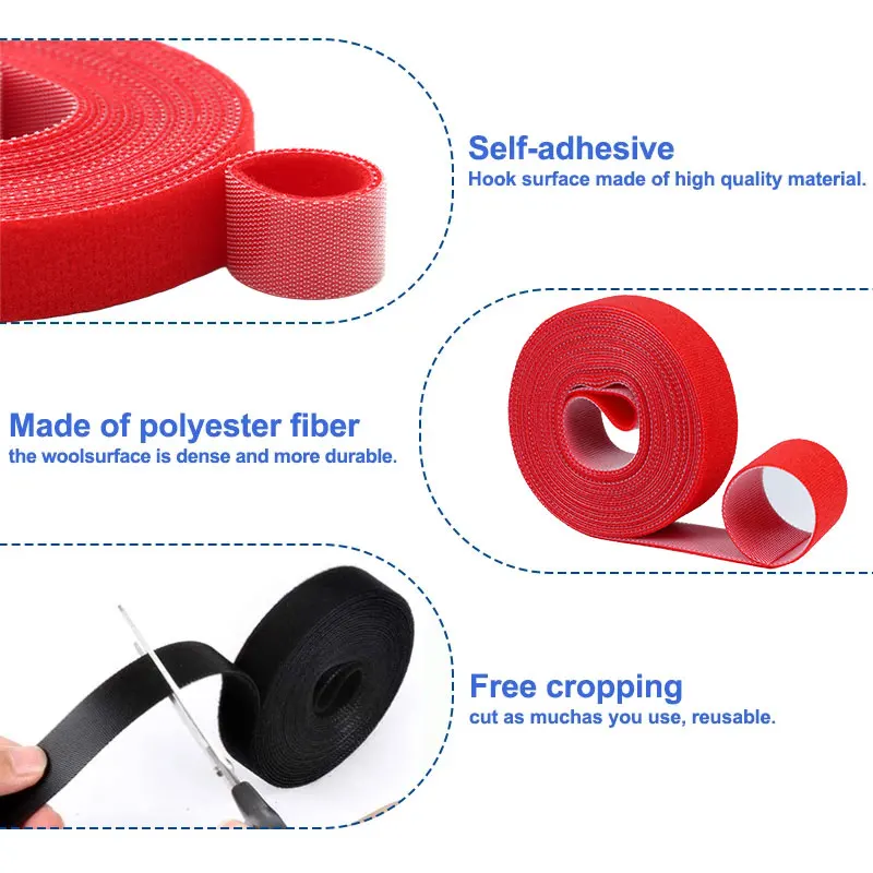Red Reusable Double-Sided Hook and Loop Fastening Cable Ties - 5m Roll, Multiple Width Options
