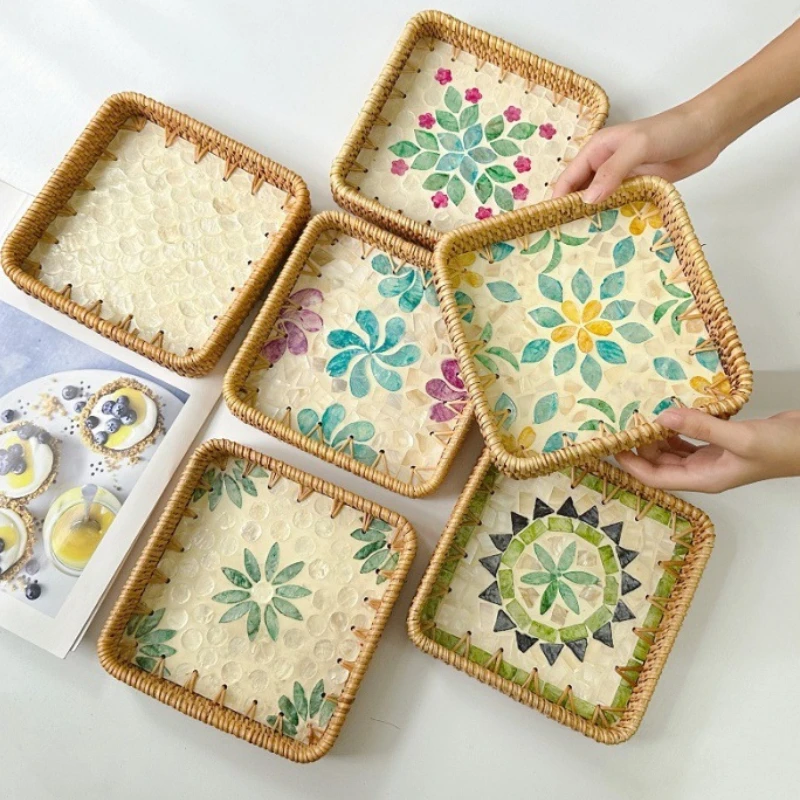 Colorful Shell Rattan Woven Tray Creative Handmade Fruit Plate Jewelry Storage Tray Home Counter Decoration 3
