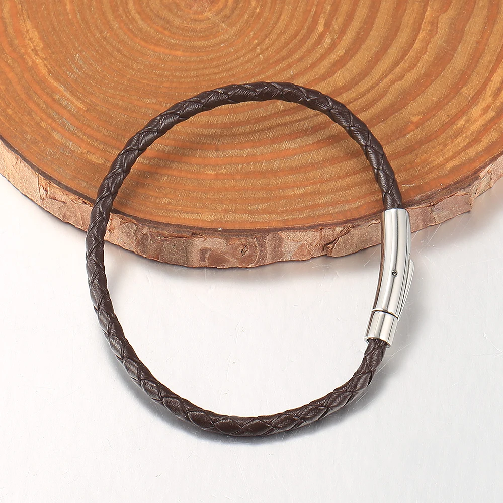 4mm 6mm Stainless Steel Clasp Simple Design Bangles Red Black Brown Men's Man-made Leather Bracelets LB775