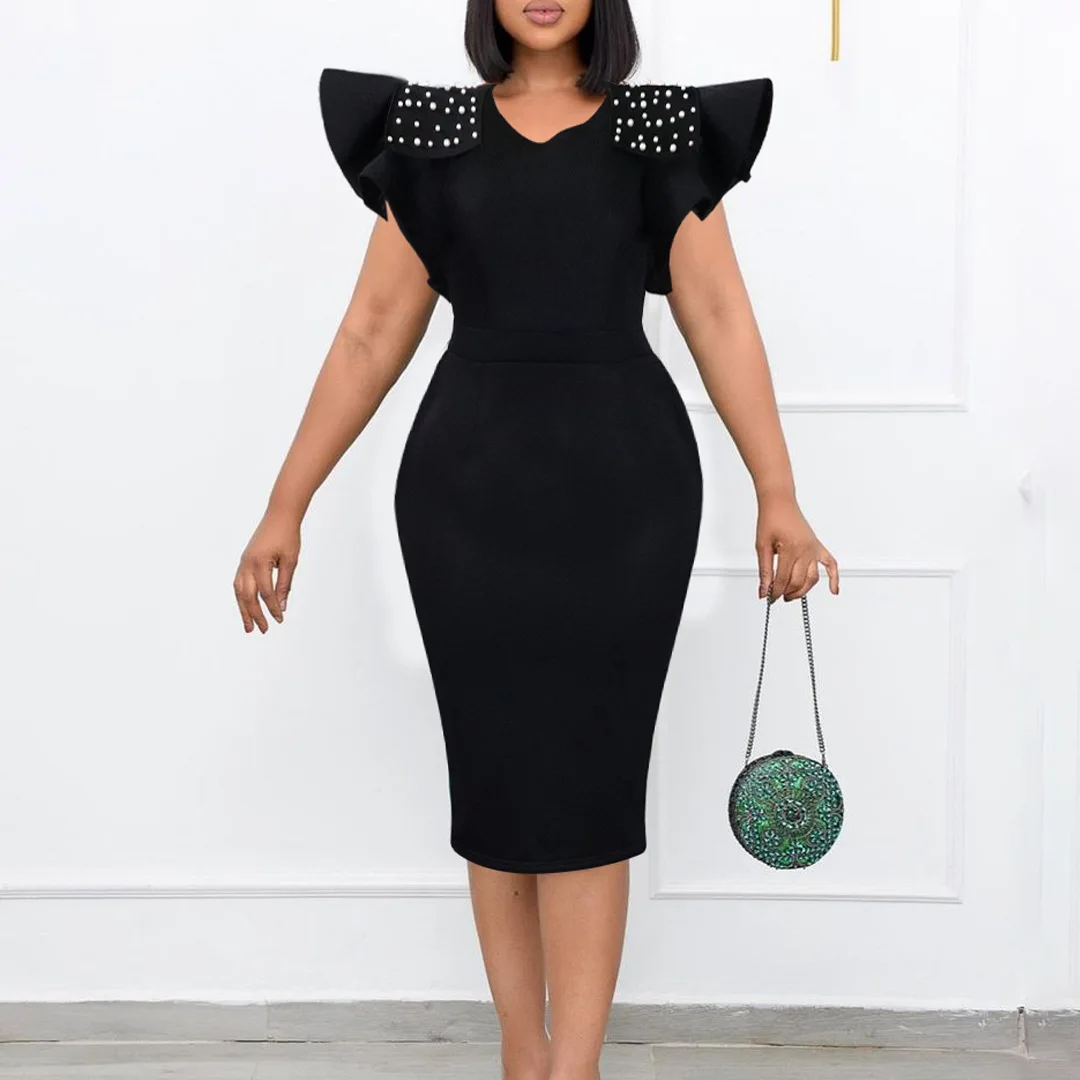 Plus Size Wide Dress For Women Pearl Butterfly Sleeve Fashion Elegant Outfit Casual Luxury Gown 2023 Summer Evening Party Dress
