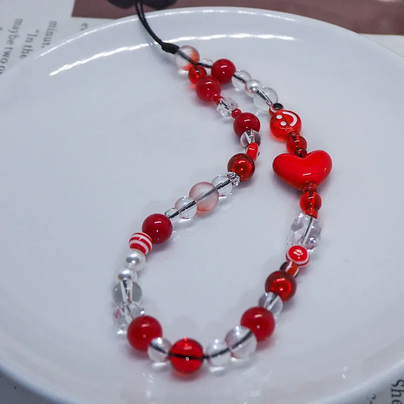 Red Clear Mobile Y2k Phone Charm Strap Chain Lanyard Fairycore Cute Acrylic Heart Glass Pearl Bead Jewelry Women Kawaii Keychain