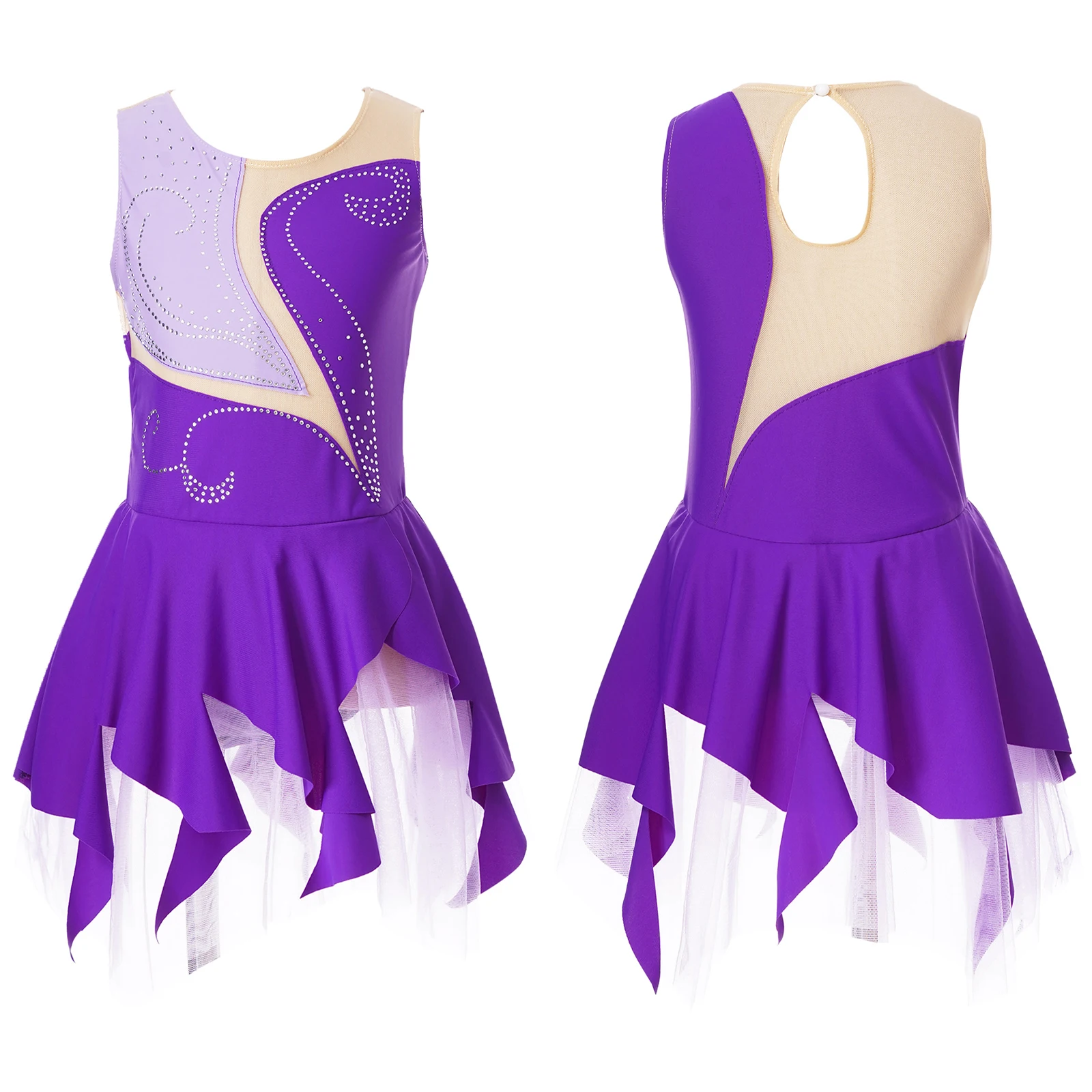 thumbnail image 1 of Traje de patinaje sobre hielo para niñas con brillantes diamantes de imitación, maillot de ballet, vestido de baile lírico con dobladillo irregular, vestido de tutú y leotardo, 1 of 5