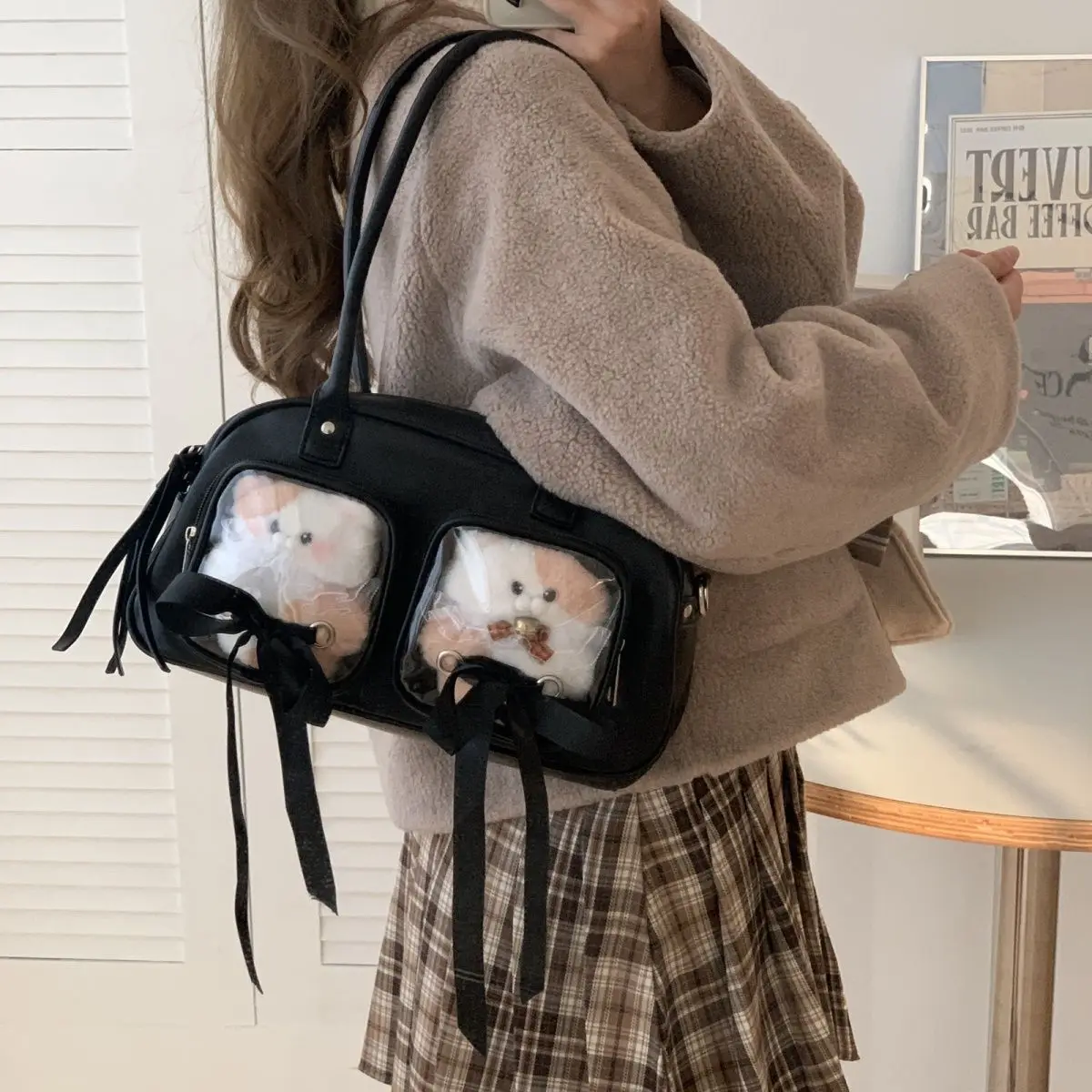 JIAERDI Harajuku Pink Bowling Bag Purse Women Sweet Cute Bow Silk Ribbon Ita Bag Wallet Ladies Transparent Shoulder Bags Handbag