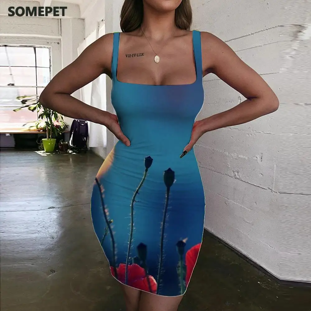 

SOMEPET Poppy Flowers Dress Women Charming Vestido Sexy Sexy Bodycon Dress Colorful Halter Sleeveless Womens Clothing