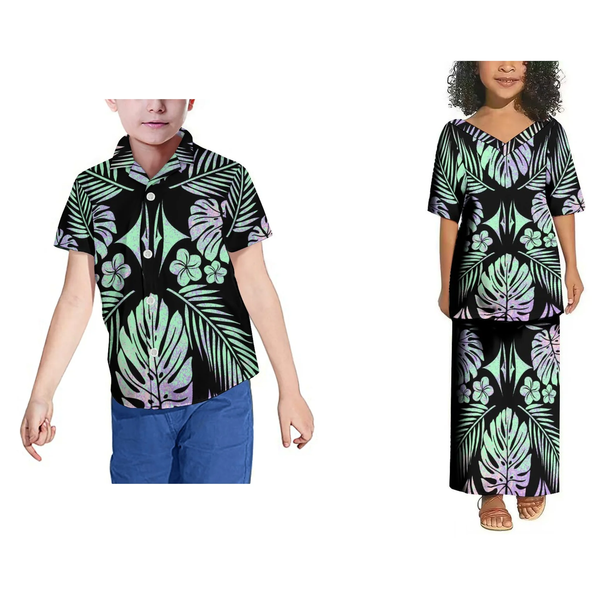 Polynesian Design Tongan Kids Puletasi V Neck Top And Skirts 2 Pieces Sets Girls Dress
