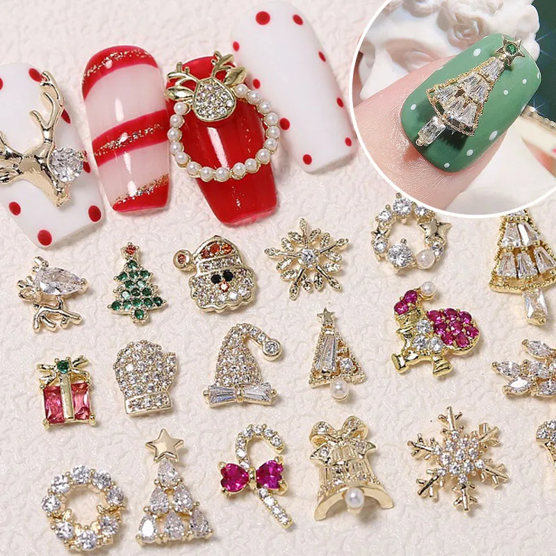

Shiny Zircon Christmas Nail Charms Alloy Nail Charm Sparkle Xmas Snowflake Elk Snowman Santa Claus Gold Charms for Nails Decor