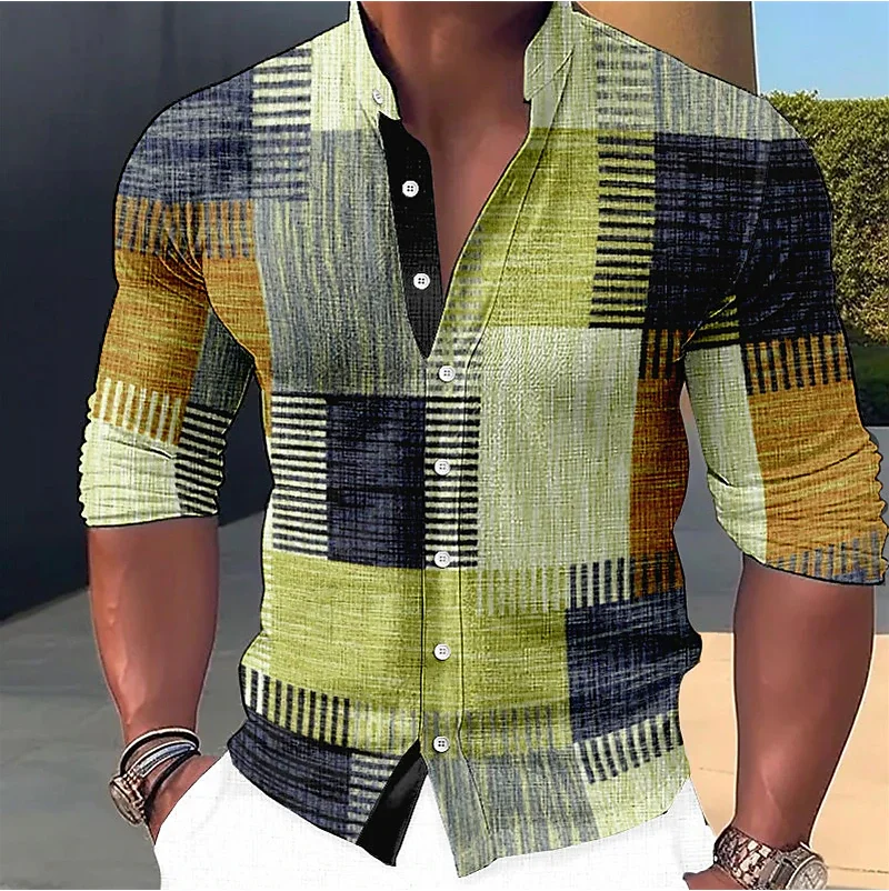 Men's shirt color block 3D printing, outdoor street long sleeved button up clothing fashion design, casual and breathable