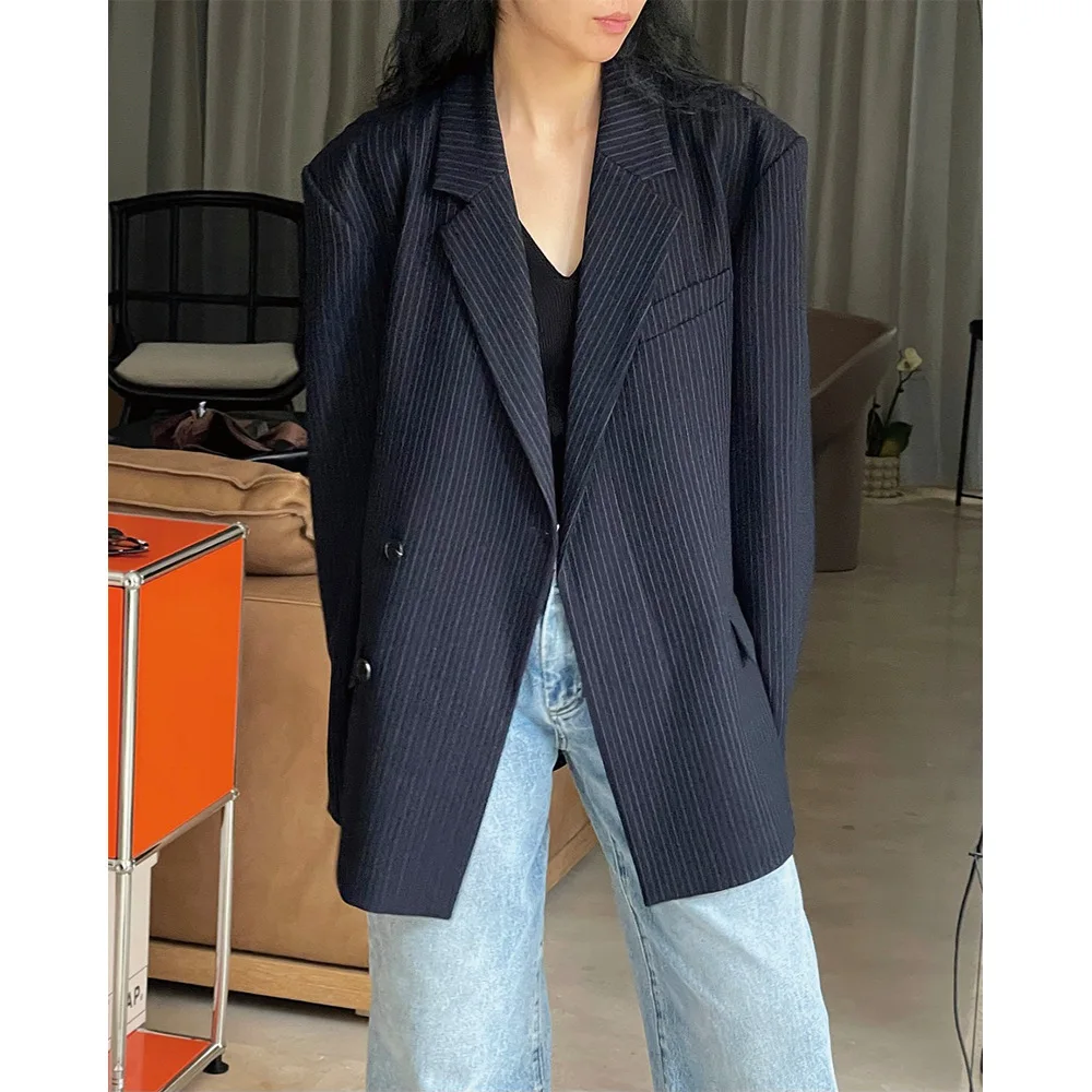 [LANMREM] Fashion Striped Loose Blazers For Women Asymmetric Single Breasted Design Fashion Jackets 2024 Spring New 26D2884
