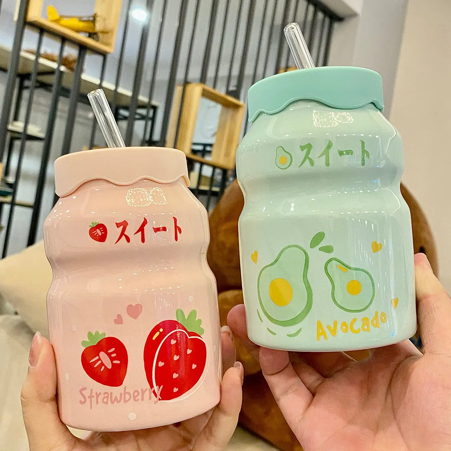 

450ml Ceramics Yogurt Water Bottle Girls Children Tour Fruit Drinking Bottle Kawaii Yakult Cup Mugs Cartoon Pictures Water Cup