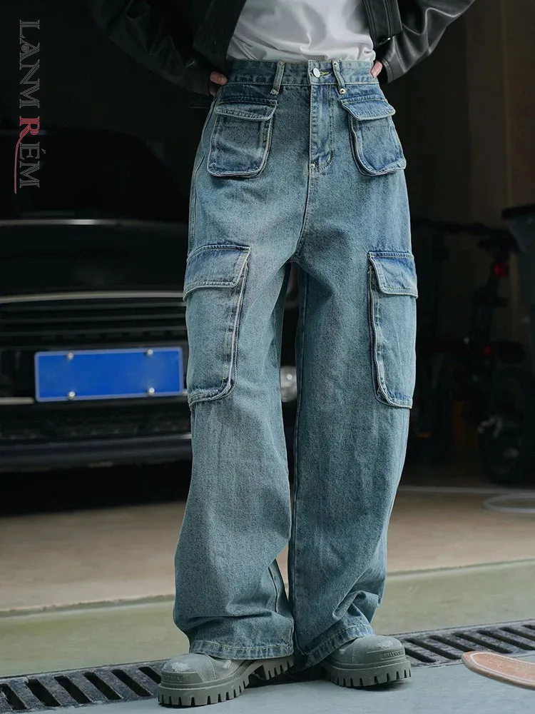 

[LANMREM] Streetwear Pockets Design High Waist Jeans Women's Straight Wide Leg Pants Streetwear Trousers 2024 Spring New 26D1552