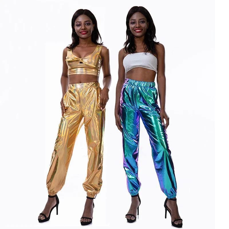 

High Waist Metallic Shiny Jogger Casual Holographic Color Streetwear Trousers Women Fashion Smoothy Reflective Pants Hip Hop