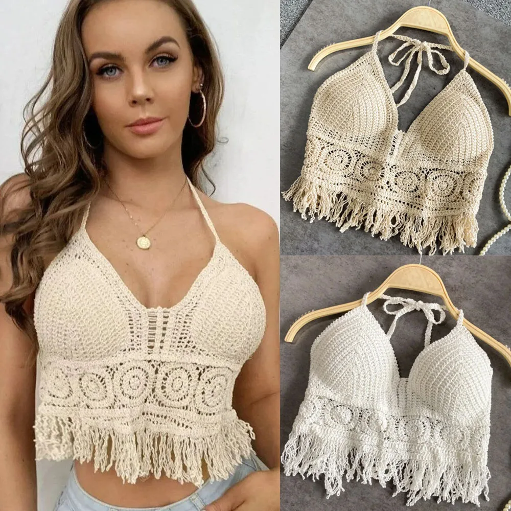 Women Vest Short Tank Boho Fringe Backless Halter Tie Neck Underwear Outerwear Neck Hanging Embroidery Tassel Suspender