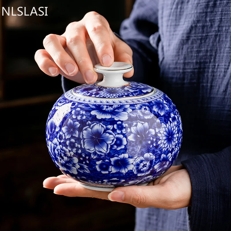 

Китайский сине-белый фарфоровый керамический контейнер для чая, чайных листьев, дорожный чайный пакетик, герметичная банка, емкость для хранения кофе