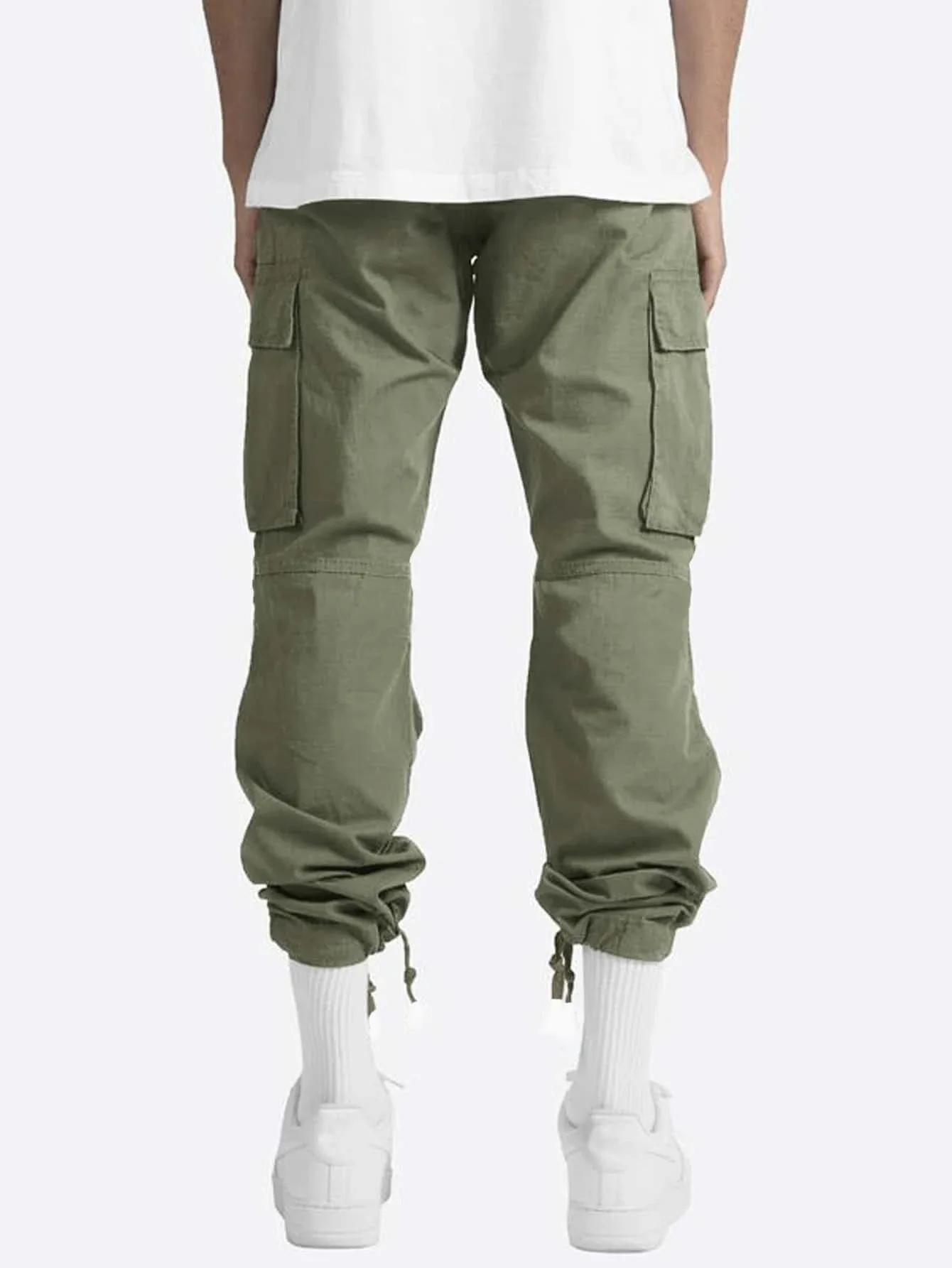 Description Picture 3 of item2024 Men's Cotton Loose Sports Trousers for Men Length Solid Color Loose Multi-pocket Drawstring Pockets Pants Male Cargo Pants