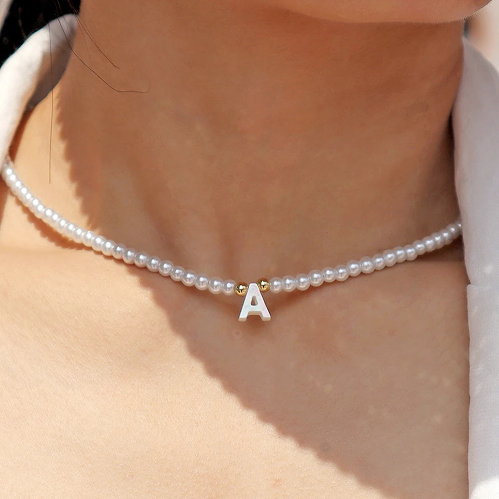 26 Letter Imitation Pearls Initial Necklace for Women Name Collars