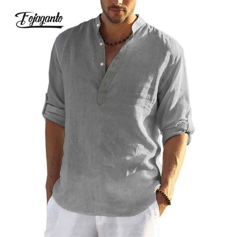

FOJAGANTO Summer Men Casual T Shirt Linen Breathable Long Sleeve T Shirt Single Breasted Solid Color Loose T Shirt Male