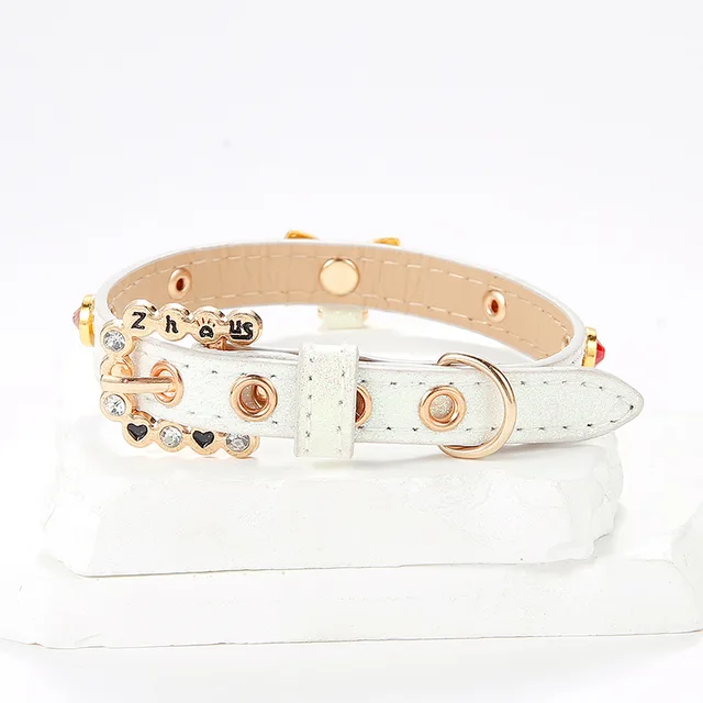 Luxury Diamond Puppy Collar Leather Pet Collar for Small Dogs Adjustable Necklace for Girl Dogs Cats with Rhinestone B Pendent 3