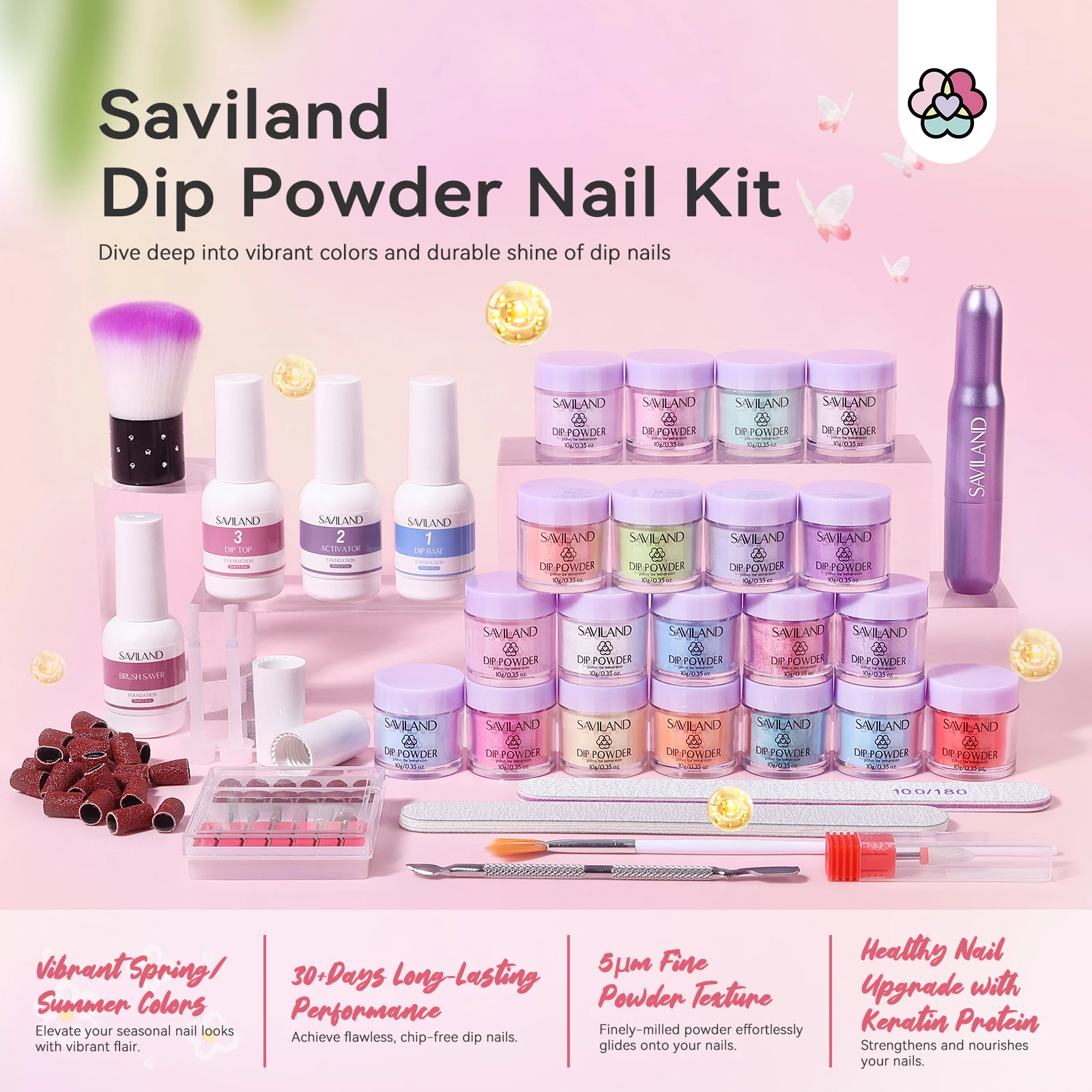 SAVILAND 20 Colors Dipping Nail Powder Kit Summer Dip Nails Powder with Dip Liquid Set Base Top Coat Activator