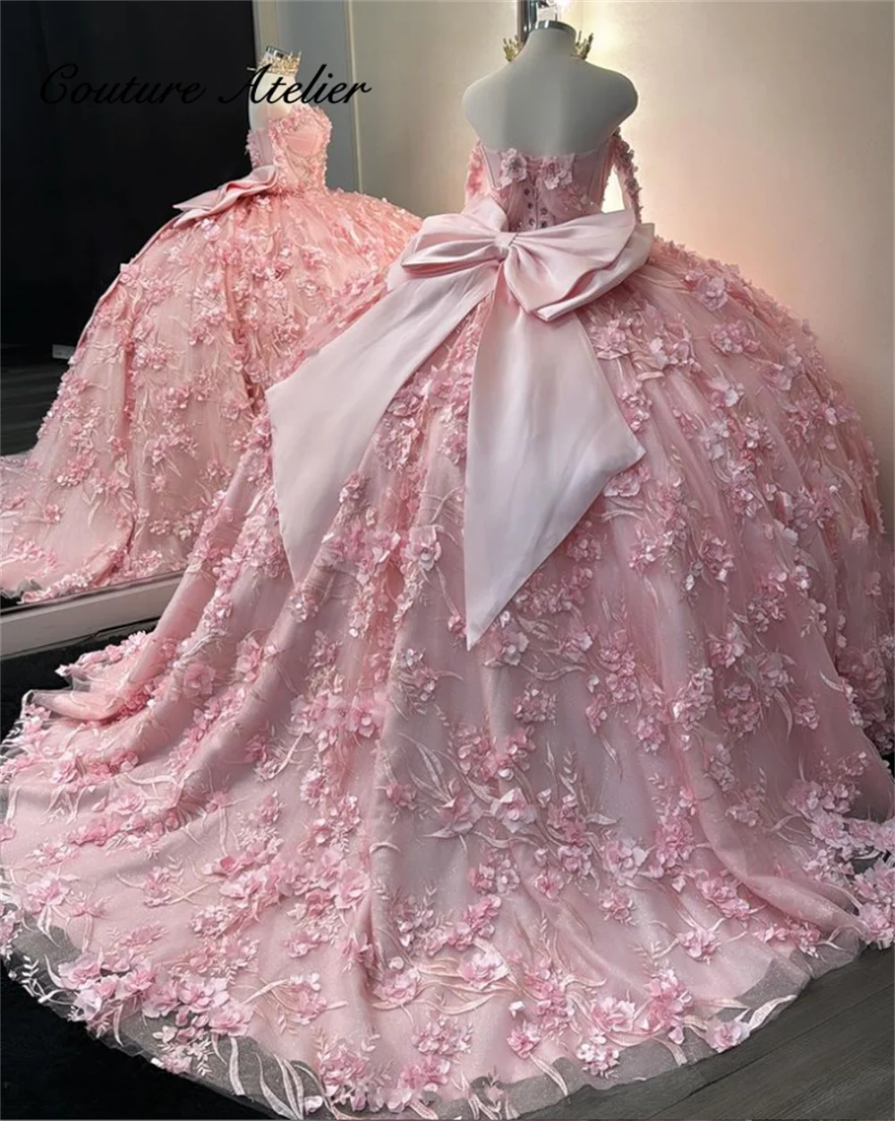 Pink 3D Flowers Three Quarter Sleeve Quinceanera Dresses Ball Gown Bow Sweetheart Sweet 16 Dress Wedding Customized
