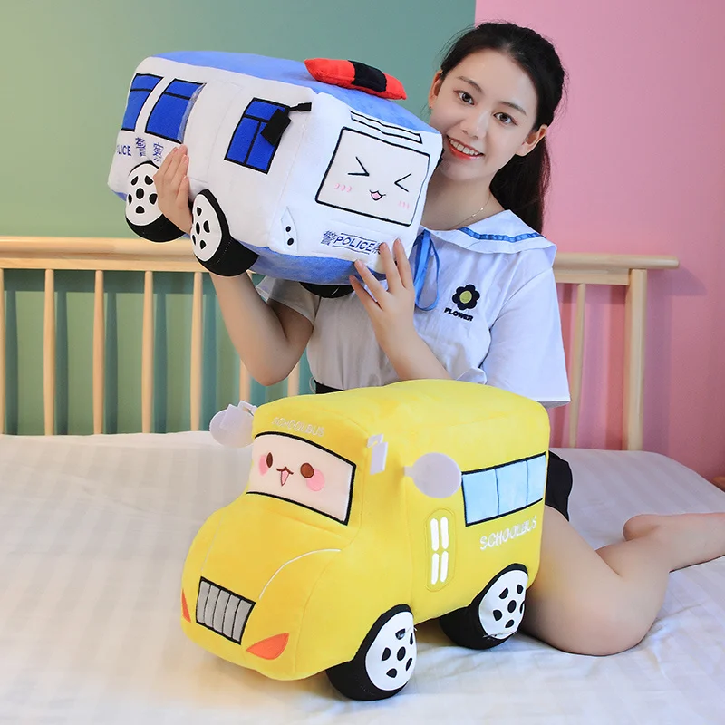 Automobile Plush Pillow Stuffed Firefighter School Bus Policeman Car Cartoon Plushie Soft Cushion Decor Present 4