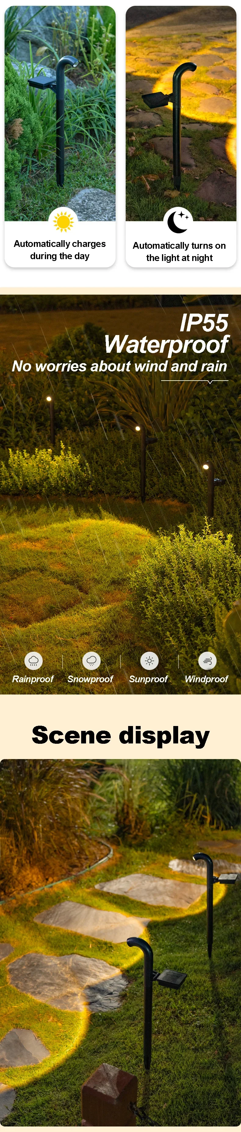 Description Picture 3 of item1-4 Pcs LED Solar Powered Spotlight IP55 Waterproof Lawn Lamps Warm Light Projection Path Lamp for Walkway Patio Garden Decor