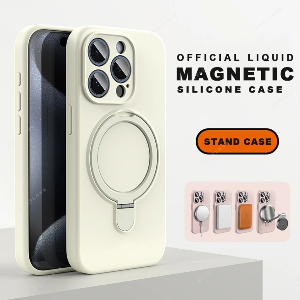 Magnetic Liquid Silicone Phone Case with Magsafe Ring and Stand - Shockproof Protector Cover
