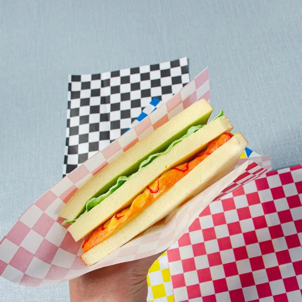 100Pcs Grid Pattern Sandwich Wrapping Paper Square Oil-Proof Hamburger Packaging Paper Food Grade 22cm Deli Basket Liners Snack