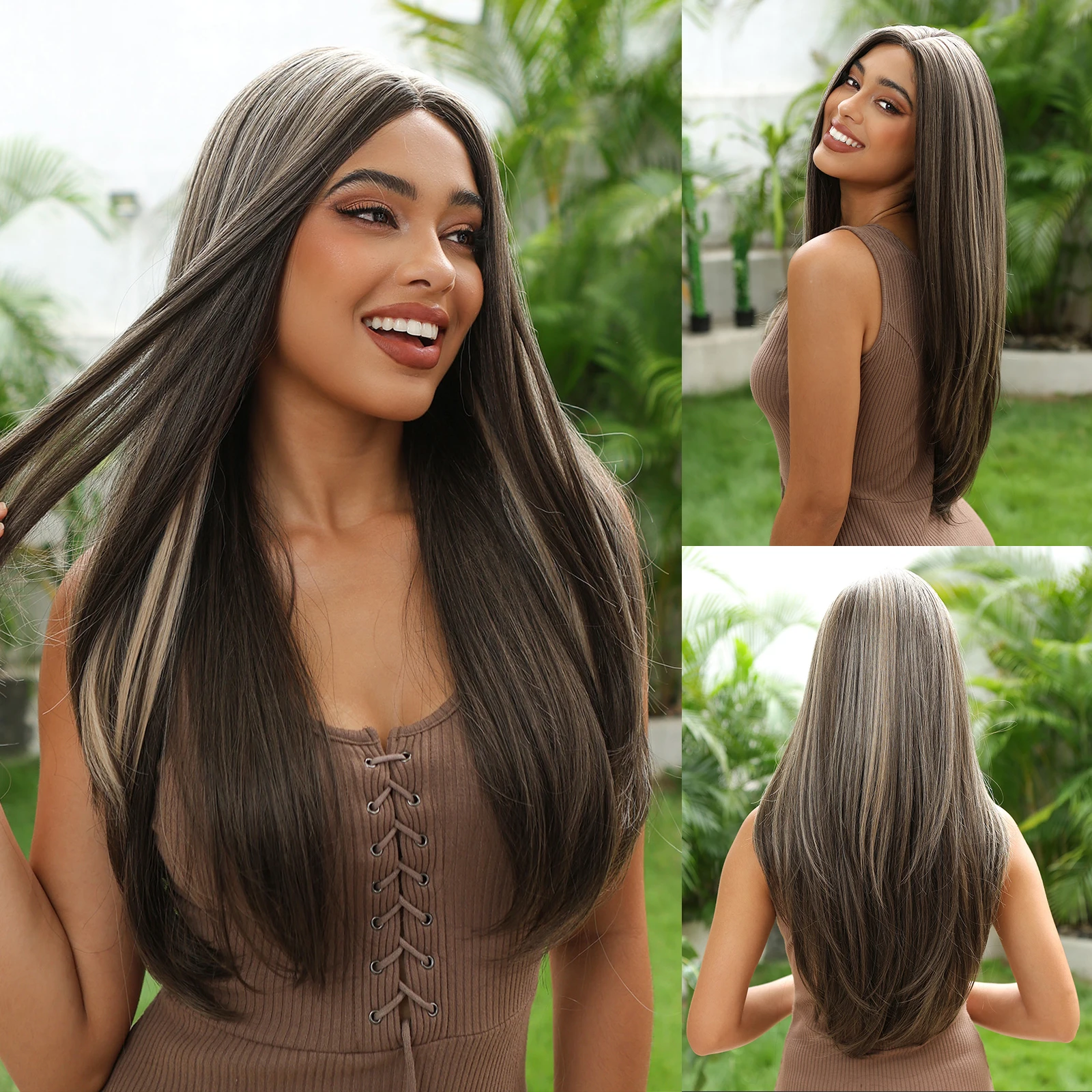 

Long Lace Frontal Synthetic Wigs Straight Brown Black Mixed Platinum Hair Wigs for White Women Afro Daily Heat Resistant Fibre