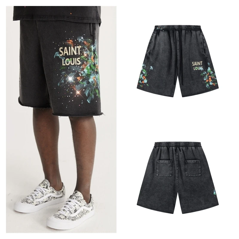 

Washed Black Saint Louis Glitter Print Shorts Best Quality Heavy Fabric Mens Womens Loose Casual Shorts