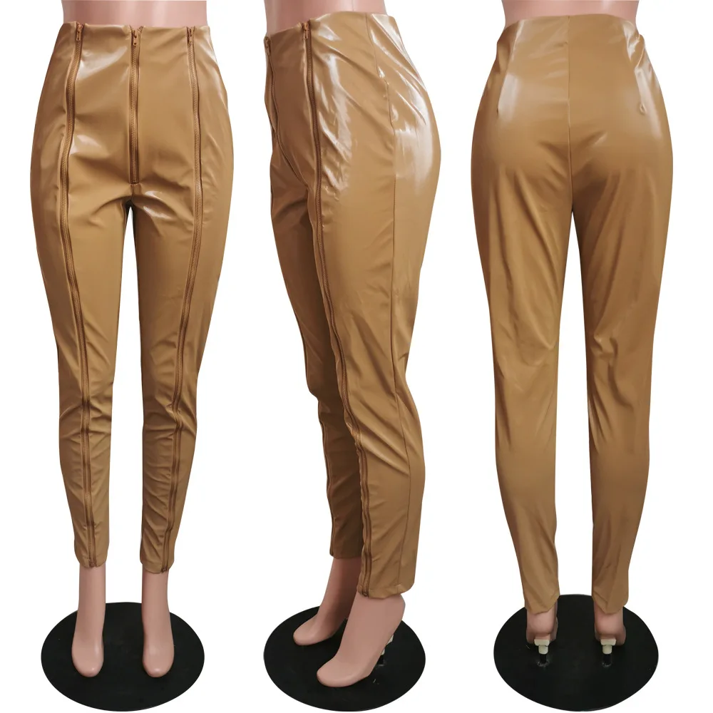 Pu Leather Skinny Trousers Sexy PU Pencil Pants Women Summer Casual Solid Beach Fashion Trousers Leg Zipper Up Pantalon Female