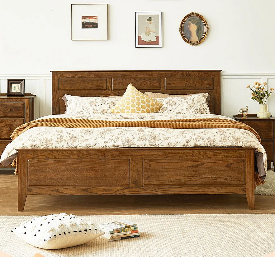 

American style full solid wood double bed, vintage oak bed, 1.8m master bed, walnut furniture