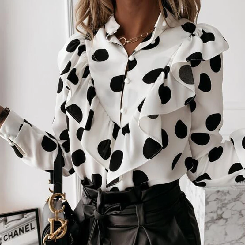 

Casual Leopard Dot Print Ruffle Blouse Shirt Autumn Winter Long Sleeve Women Shirts Elegant Office Lady V-Neck Button Tops Blusa
