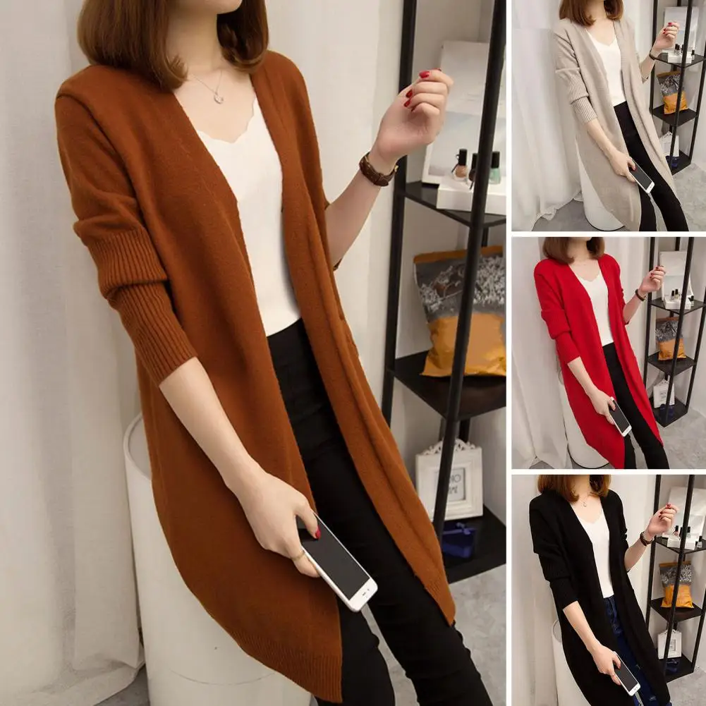 

Women Cardigan Mid-Long Open Front Casual Long Sleeves Elegant Solid Color Spring Autumn Ladies Knitted Top Cover Up Streetwear