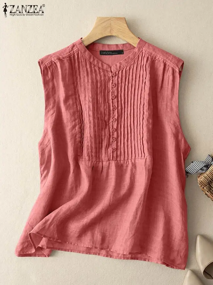 

Elegant Summer Camis Women Sleeveless Blouse Fashion Tanks Tops ZANZEA Vintage Pleated Shirt Female Loose Beach Vest Work Blusas