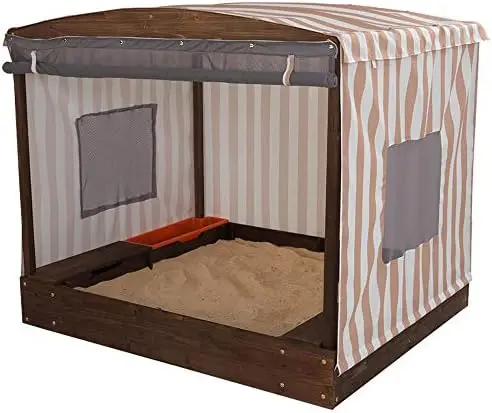 

Wooden and Canvas Outdoor Cabana , Kids Backyard Furniture with Three Storage Bins, Beige & White Stripes, Gift for Ages 2-8