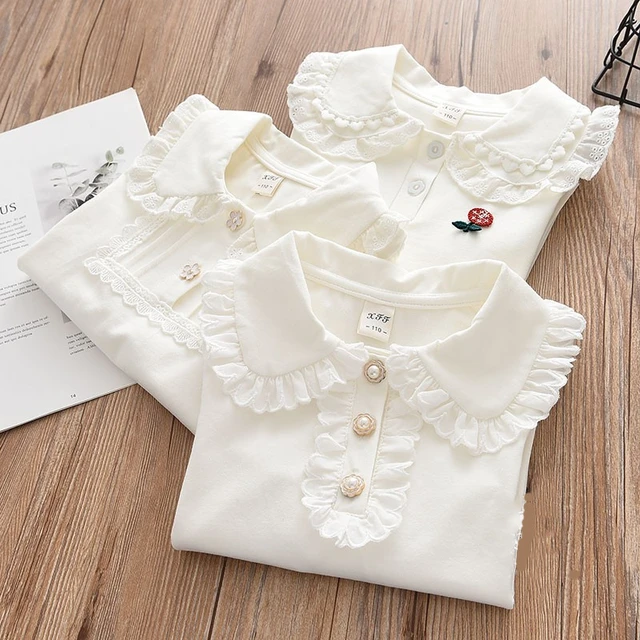 2023 Spring Autumn 3 4 5 6 8 10 Years Children's Clothing Kids Peterpan  Collar Solid Long Sleeve Basic T-Shirt For Baby Girls - AliExpress