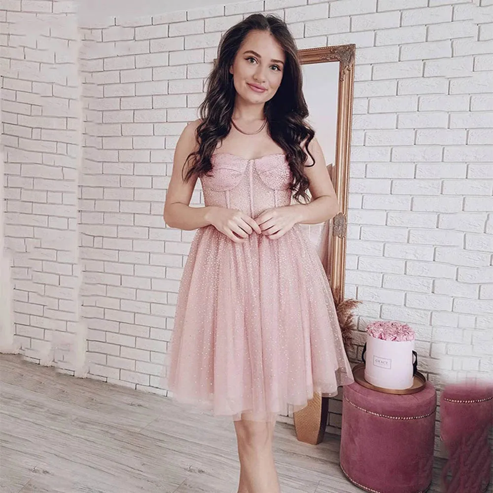 Simple Tulle Sequin Cocktail Dresses Pink Beading Sweetheart Spaghetti Straps Pleats Sleeveless Mini Prom Party Gowns