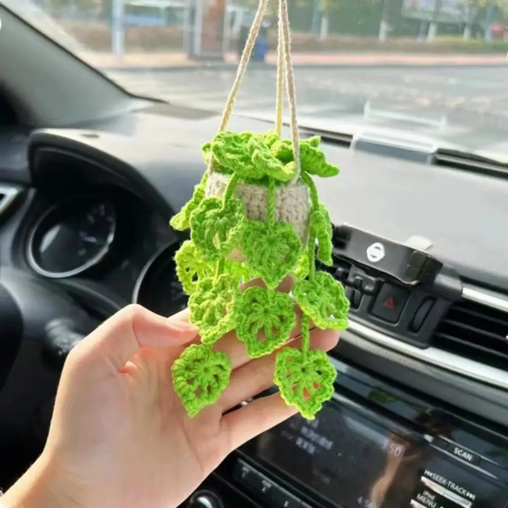 

Car Mirror Pendant Handmade Knitted Crochet Potted Plant Car Mirror Hanging Accessory Cute Rear View Decor Car Accessories Car