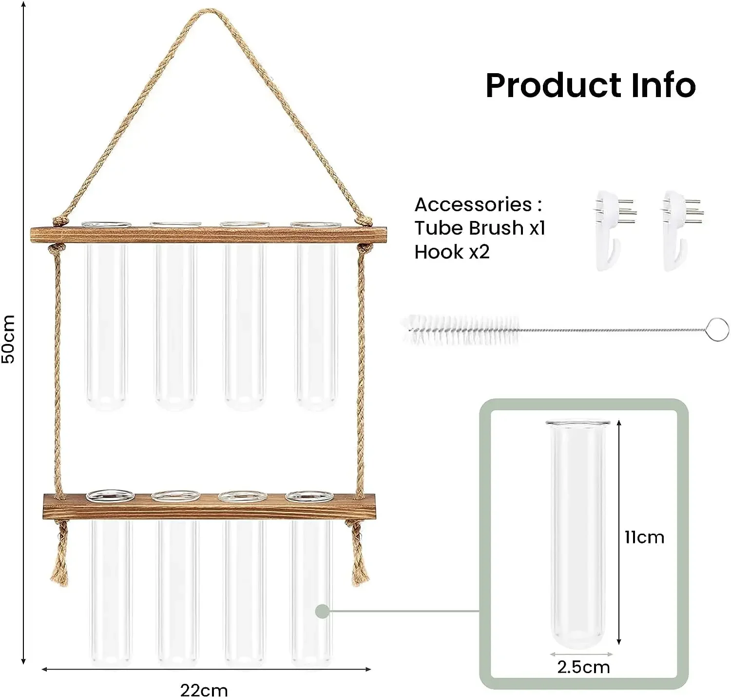 Wall Hanging Test Tube Glass Planter Plant Vase with Wooden Stand & Strings Rope Glass Planter Plant Terrarium  (2 Layer)