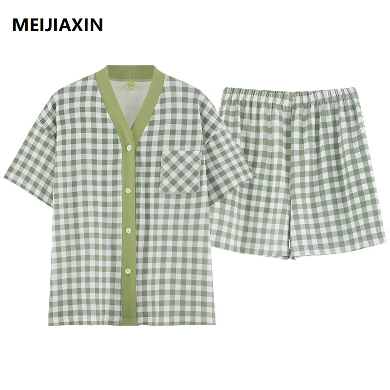 

Summer Knitted Cotton Women Pajamas Set Plaid Pyjamas Femme Short Sleeve V-neck M-3XL Female Homewear Clothing Nighty