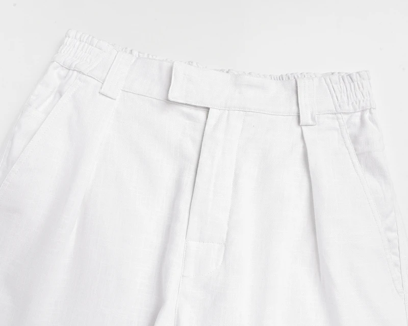 Weiße plissierte Leinen-Bermudashorts für Herren, klassische Passform, elastischer Bund, lässige knielange Sommerurlaub-Strandshorts – Detail 8