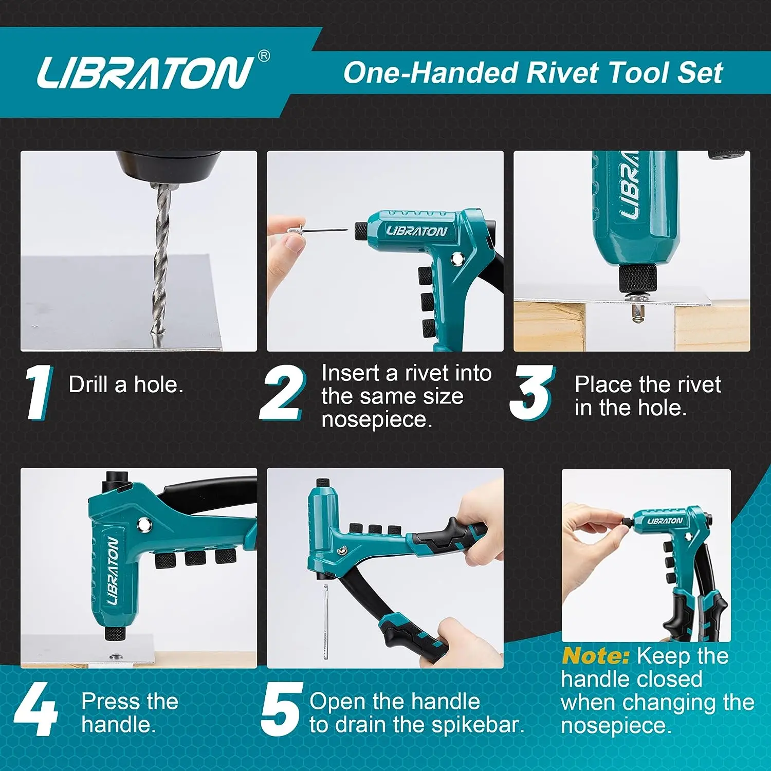 Libraton One-Handed Rivet Gun Pop Rivet Gun Set Professional Hand Riveter Manual Riveting Tool 200 Rivets Metal