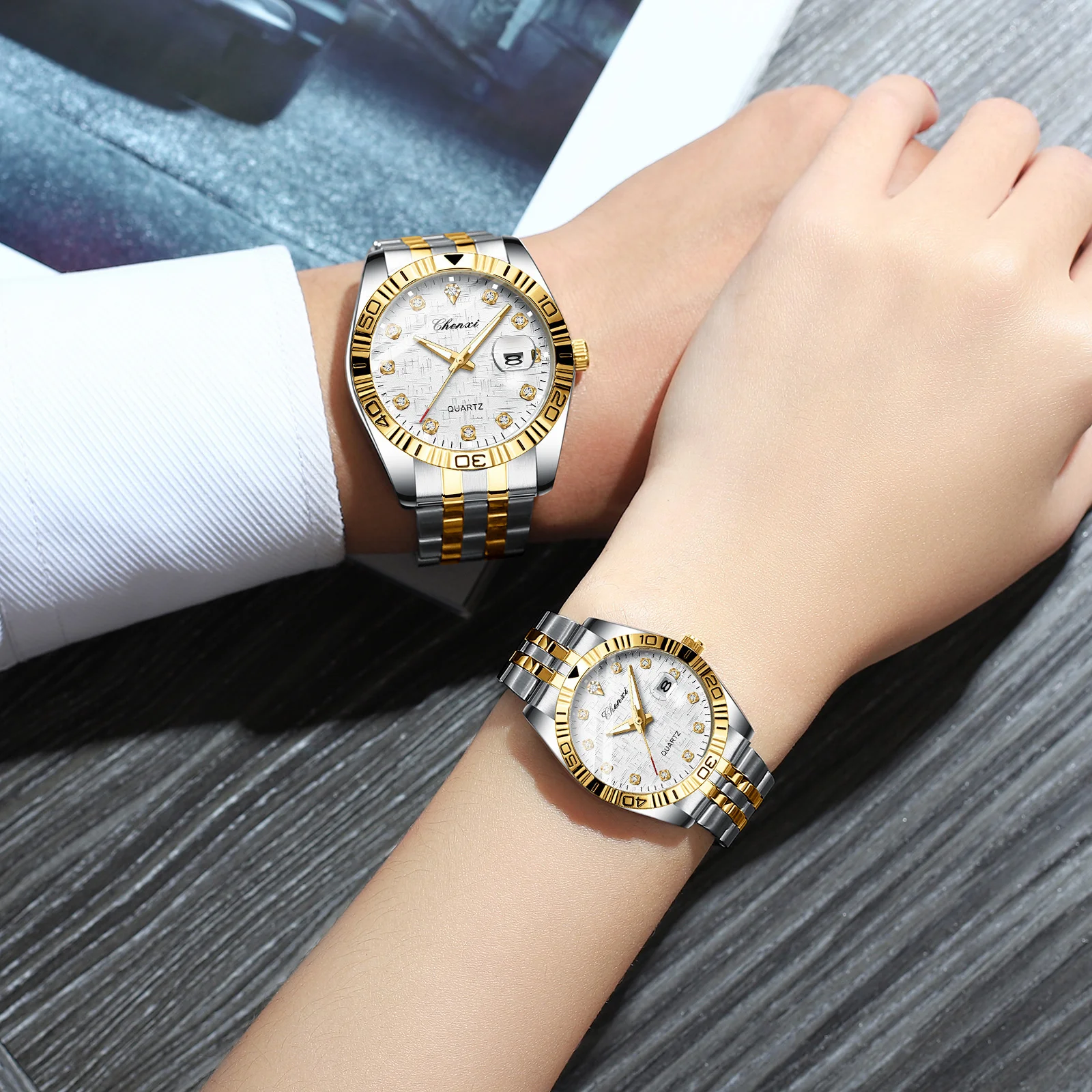 CHENXI 8201B Couple Watch Fashion Business Calendar With Diamond Golden Steel Band Quartz Wrist Watches Gift Relogios Feminino