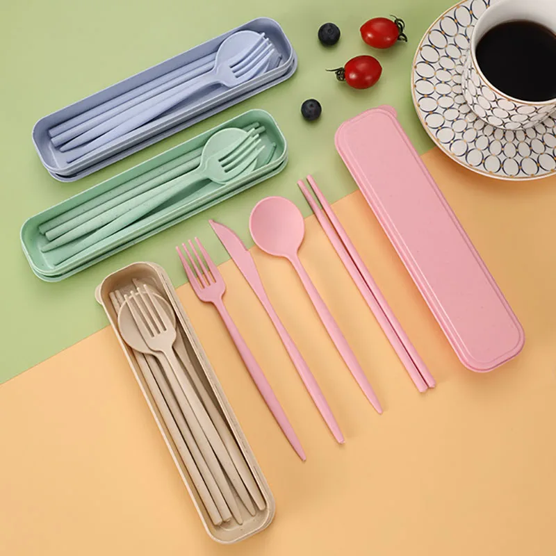 4pcs/set Japanese Wheat Straw Portable Tableware Set Knives Forks Spoons Chopsticks Outdoor Camping Tableware Set for Children