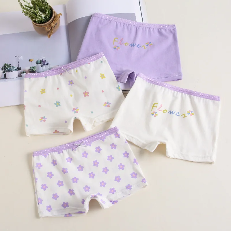 Slip boxer in cotone traspirante per bambina, bianco e viola con stampa floreale, pantaloncini di sicurezza per bambini, biancheria intima per bambini