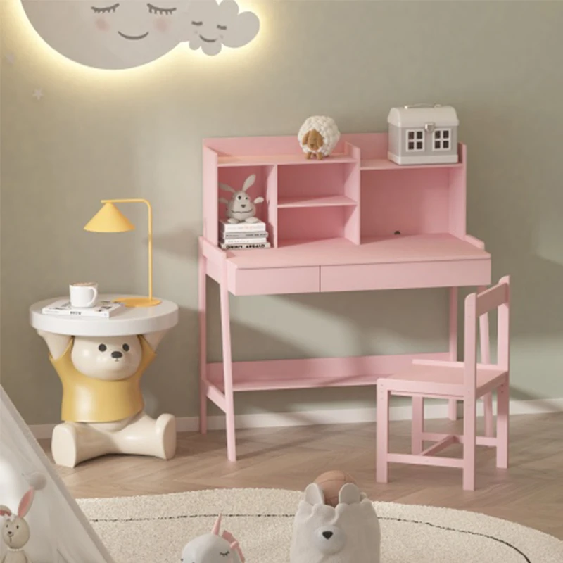 Modern classic desk, children's desk, solid wood bedroom boy and girl family desk and chair set, Pink