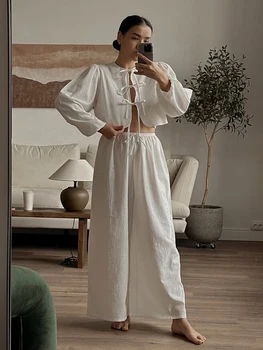 Marthaqiqi Cotton Women Pajamas Suit Long Sleeve Sleepwear O-Neck Nightgowns Lace Up Nightwear Pants Casual Nightie 2 Piece Sets