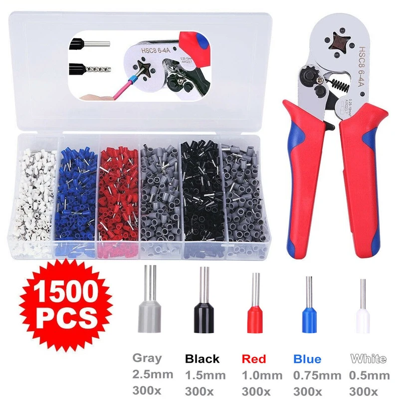 

1500pcs Ferrule Pin Terminal Connectors Square Crimping Pliers HSC8 6-4A 0.25-10mm²Adjustable Ratchet Electricians Tools