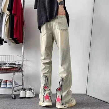 Men Print Denim Pants High Street American Loose Straight Leg Micro Flared Long Trousers Design Sensibility Zip-Up Bootcut Pants 1